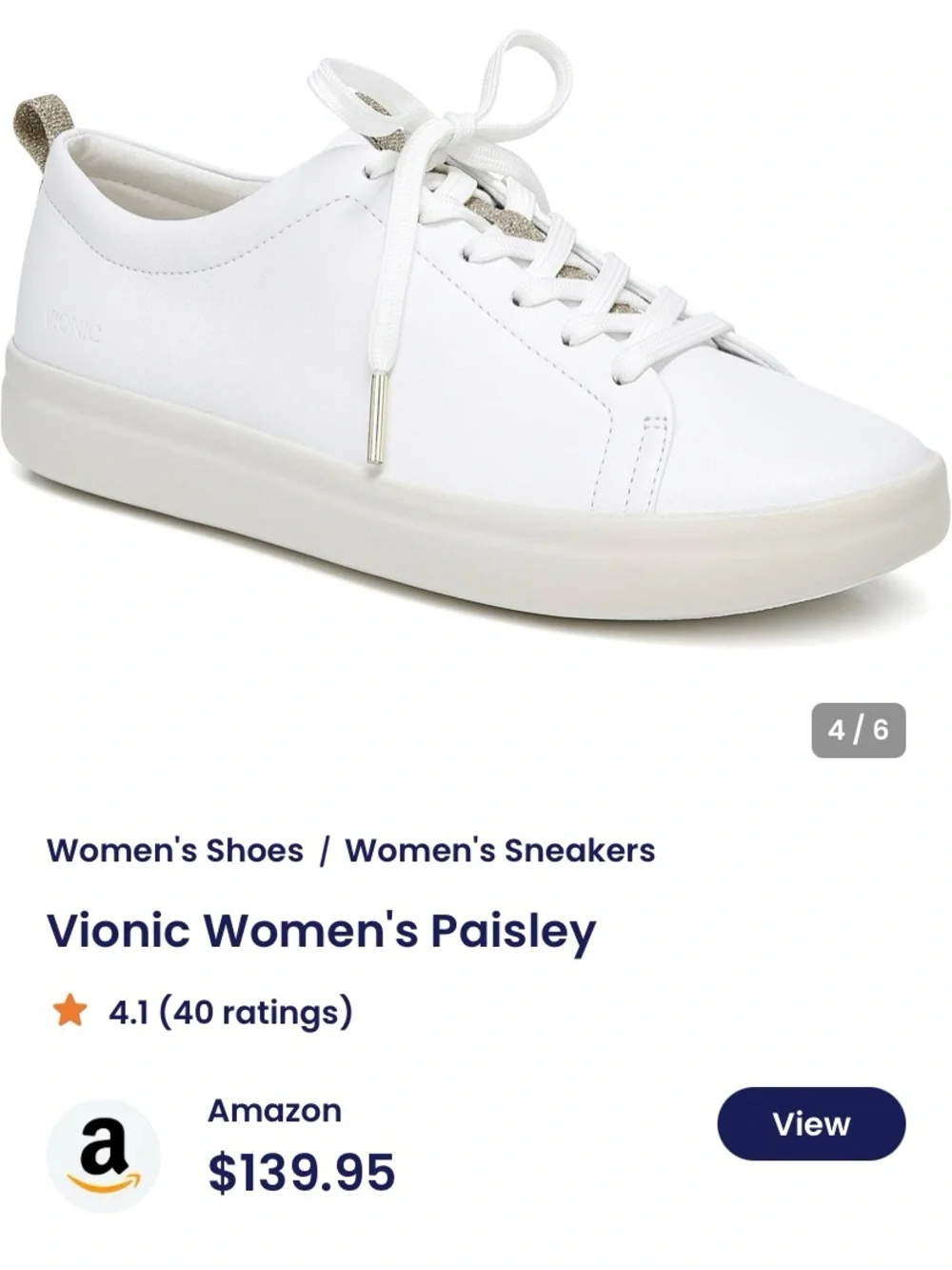 Vionic White Sneakers with Gold Accents